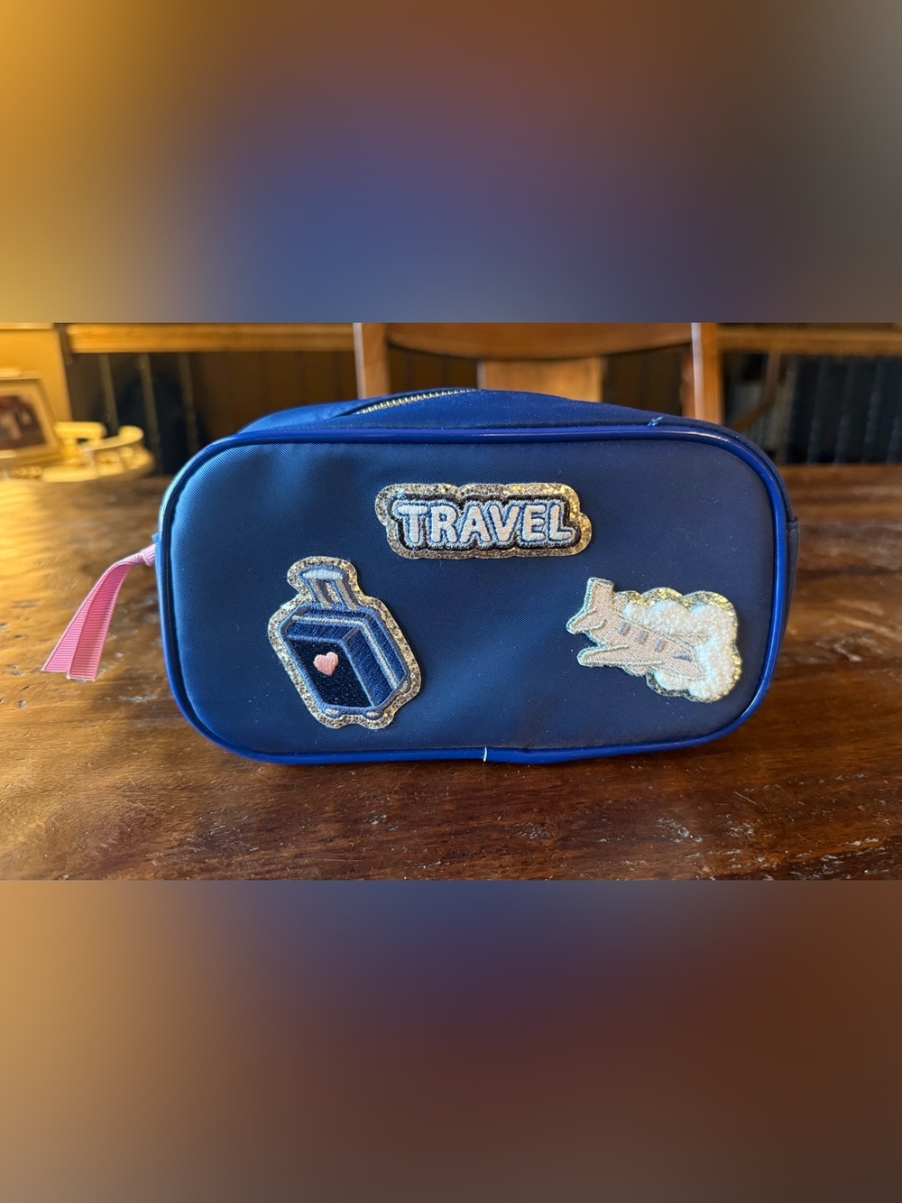 Navy Travel Cosmetic Pouch with Patch Accents